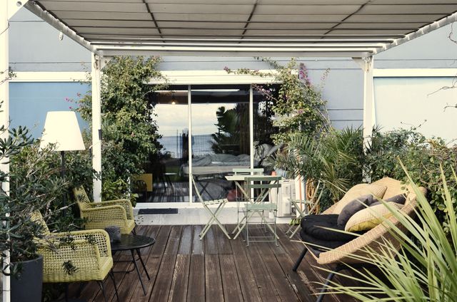 Cozy outdoor patio with modern furniture