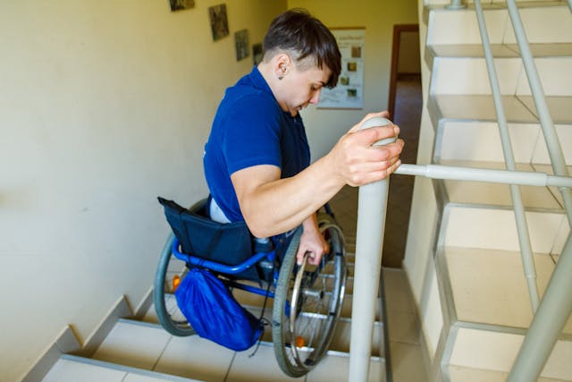 person going down stairs in wheelchair