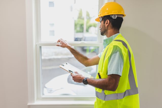 worker in a safety vest and hard hat inspects a window